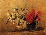 Vincent van Gogh Vase with Red and White Carnations on a Yellow Background painting